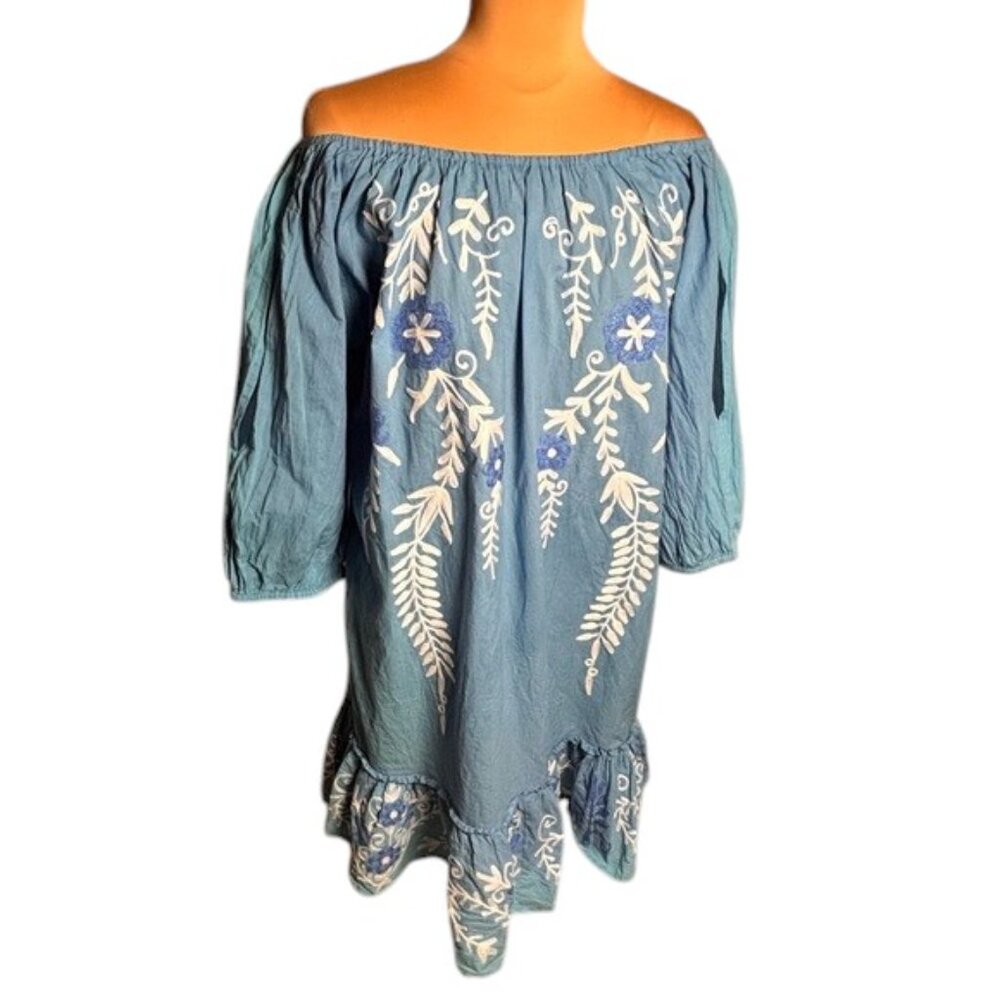 Debbie Katz Blue Embroidered Boho Beach Cover Up Off Shoulder Cotton L